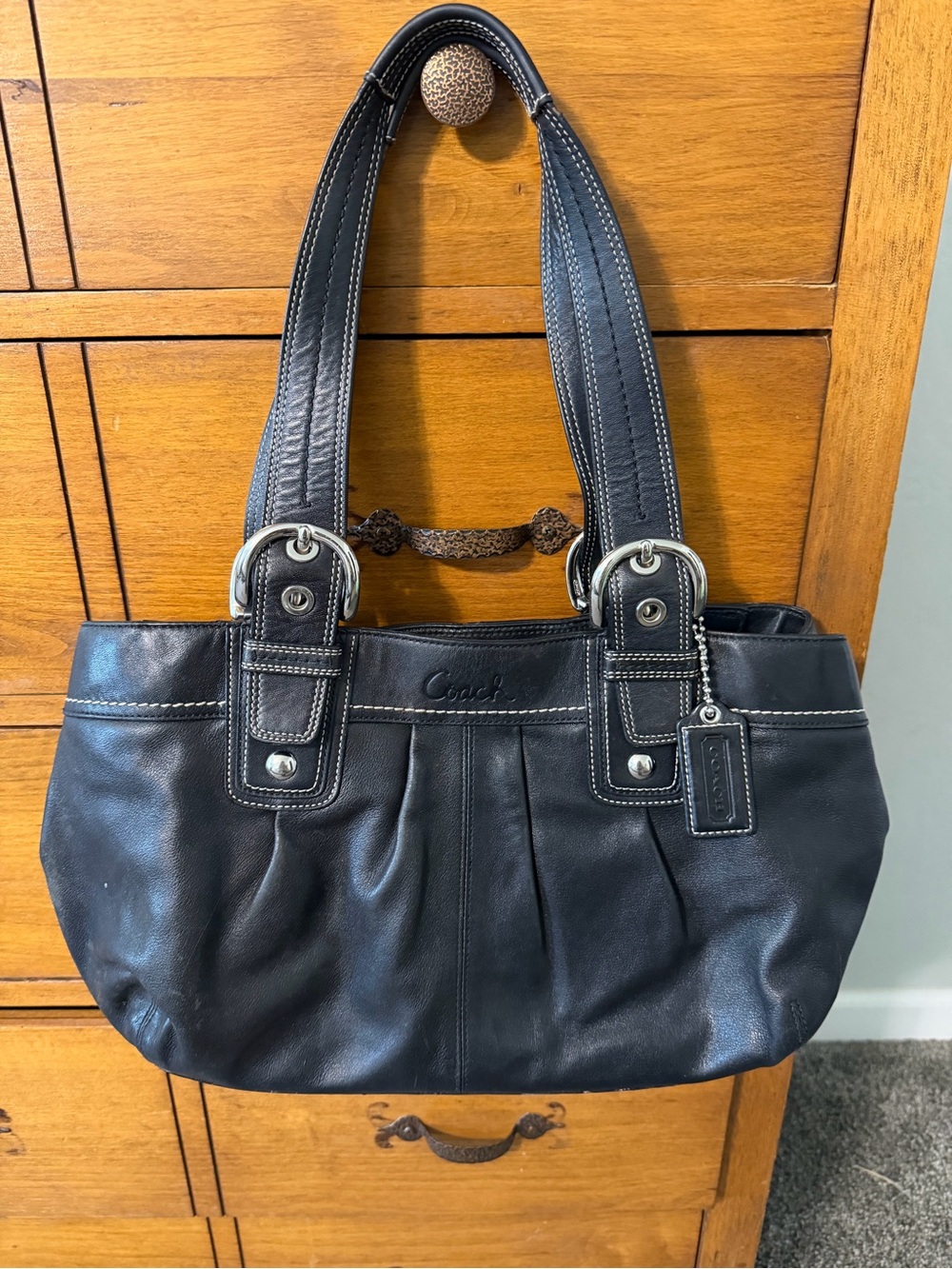 Coach Black Leather Pleated Hobo Shoulder Bag